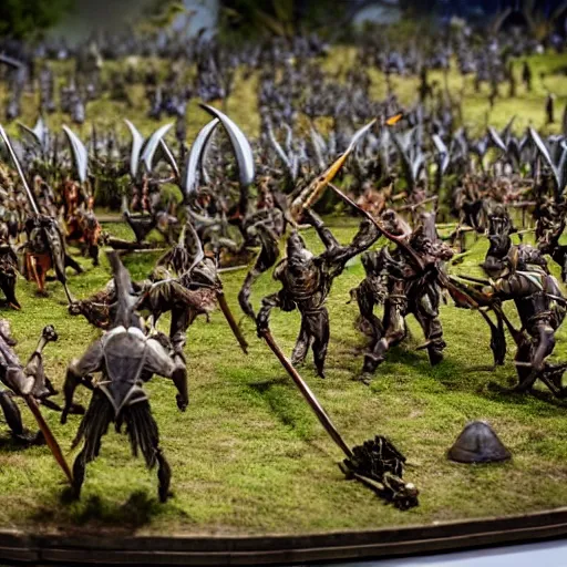 Prompt: photo taken of an epic battlefield diorama designed by weta workshops, an army of high elves battling a horde of orcs, with highly detailed 3 d printed characters, wide shot, photorealistic, sharp focus, f 0. 4, golden ratio, golden hour