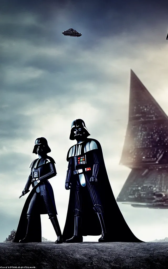 Image similar to darth vader and kristen stewart staying together in front of, on the background star destroyer landed on the wood ground, romantic poster for the twillight movie