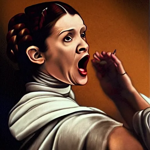 Prompt: a caravaggio artwork film of princess leia screaming, artwork by caravaggio