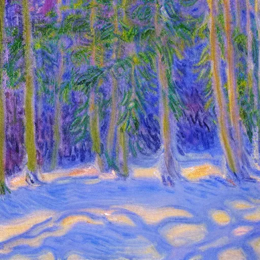 Prompt: monet style painting, winter forest, elk, spruce trees