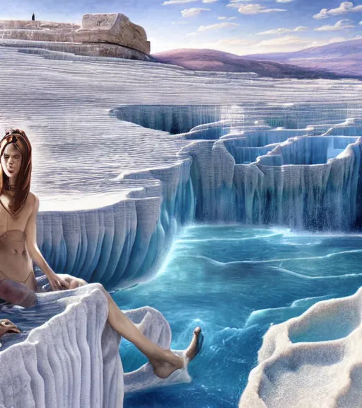 Image similar to close-up of a dragon hacking laptop on Pamukkale, thermal waters flowing down white travertine terraces, intricate, elegant, luxurious, digital painting, concept art, smooth, sharp focus, from Star Trek 2021, illustration, by WLOP and Ruan Jia and Mandy Jurgens and William-Adolphe Bouguereau, Artgerm
