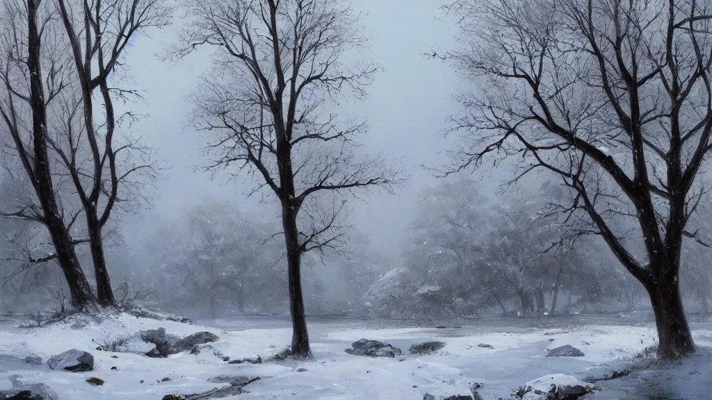 Image similar to A beautiful landscape oil painting of a hill with trees, the winter has arrived and the leafs are covered with snow to become white, the river is zigzagging and and frozen, the river has lots of dark grey rocks, by Greg Rutkowski