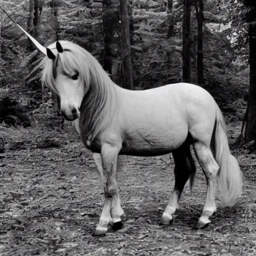 Prompt: unicorn caught on camera in the 1 9 5 0 s, black and white, in a forest