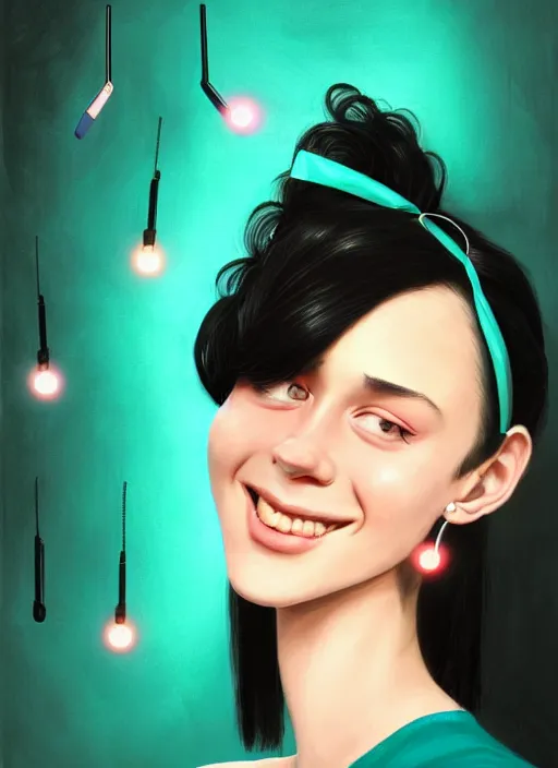 Image similar to portrait of high school girl, realistic, black hair, bangs, half updo hairstyle, pointy nose, skinny, smile, ugly, defined jawline, big chin, teal hair bow, earrings, intricate, elegant, glowing lights, highly detailed, digital painting, artstation, sharp focus, illustration, art by wlop, mars ravelo and greg rutkowski