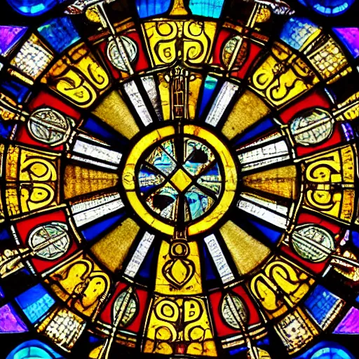 Prompt: crusaders shield in the center of notre dame stained glass intricate symmetric geometric