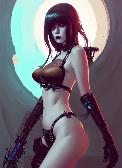 Image similar to portrait of cute goth girl in cyber bikini armor, warhammer, cyberpunk, by atey ghailan, by greg rutkowski, by greg tocchini, by james gilleard, by joe fenton, by kaethe butcher, by gustav klimt, dynamic lighting, gradient light blue, brown, blonde cream and white color in scheme, grunge aesthetic