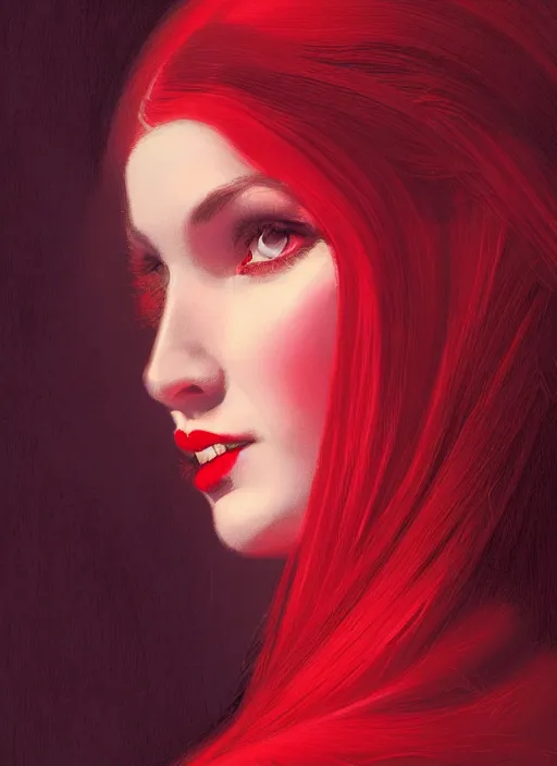 Image similar to portrait of a woman with a crooked nose and a confident expression, 1 9 6 0 s, long hair, red clothes, goth, intricate, elegant, glowing lights, highly detailed, digital painting, artstation, concept art, smooth, sharp focus, illustration, art by wlop, mars ravelo and greg rutkowski