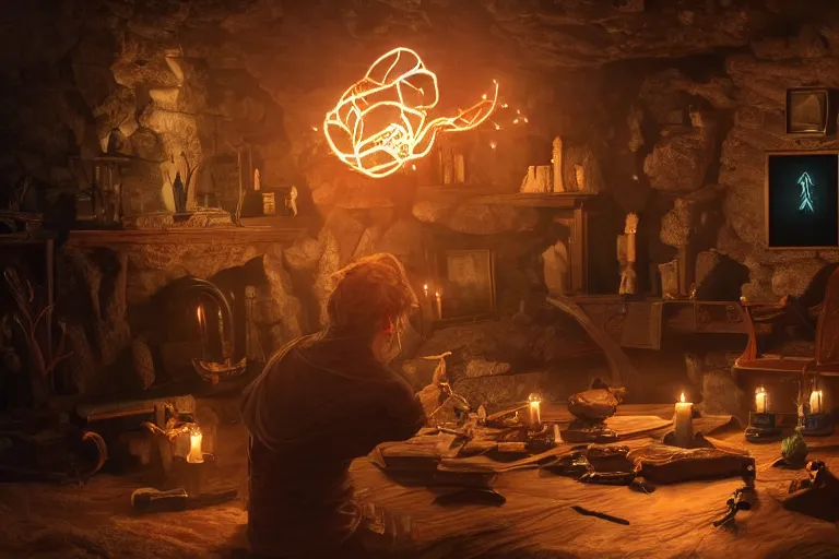 Image similar to A skilled sorcerer in their study, drawing glowing magic runic symbols in the air, enchanting objects with glyph magic, D&D fantasy setting, 4k