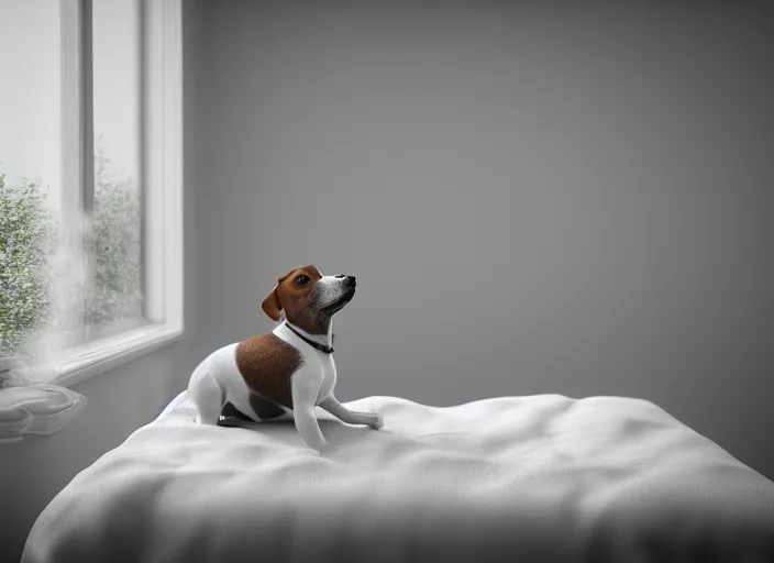 Image similar to photography of a Jack Russel watching outside the window on a bed in a 3d rendered white room, octane render, 3d, foggy, volumetric light, volumetric fog, photorealistic, unreal engine 5, award winning photo, 100mm, sharp, cloth, high res