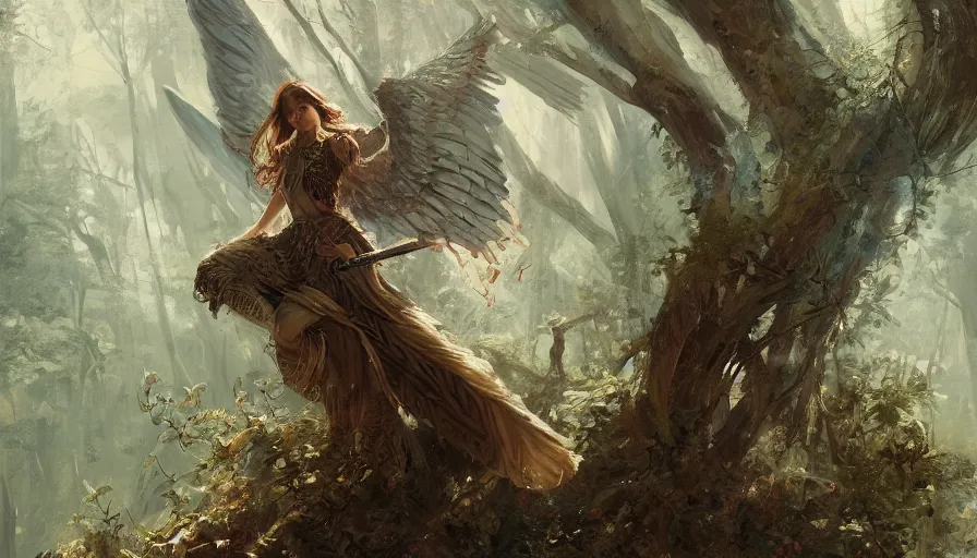 Image similar to A beautiful detailed painting of a female angel warrior reigns on a magical forest by greg rutkowski and Kalin Popov , Trending on artstation HD.