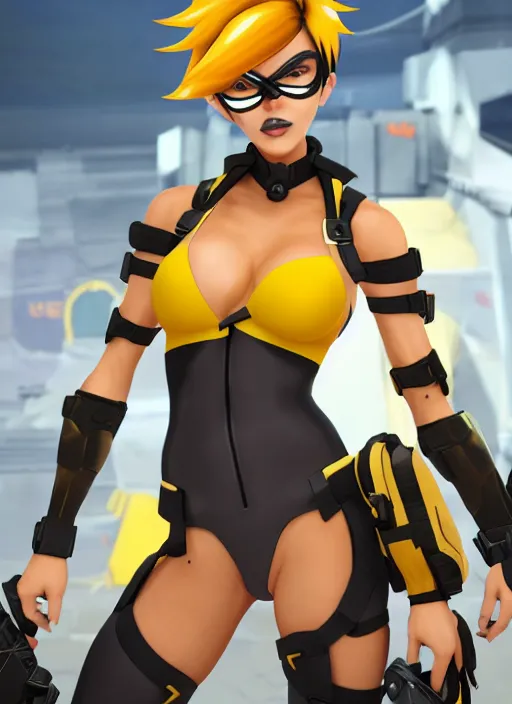 Image similar to tracer game character, in yellow bikini, blonde hair, black eyes, full height