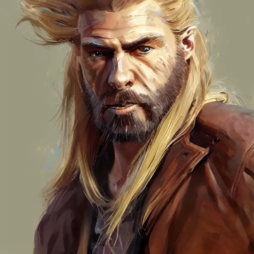 Prompt: portrait of a muscular, grim, ponytail haired blonde man in his late 30's, wearing a thick brown leather coat, looking to his side, scarred face, some beard, hunter, DnD character, fantasy character, digital art by Ruan Jia, Krenz Cushart, Rossdraws and Boris Vallejo