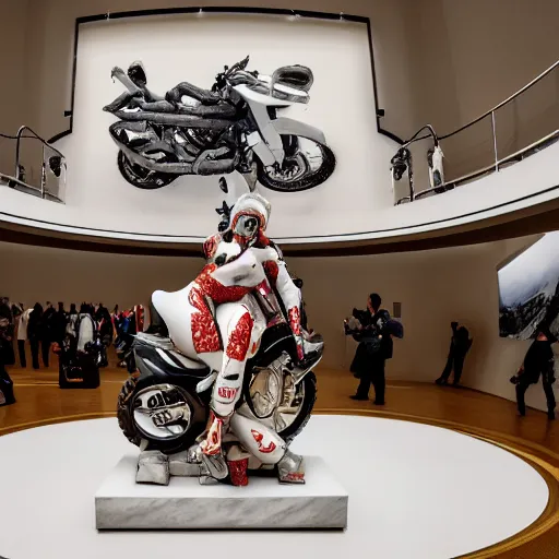 Prompt: a hyper detailed realistic cinematic lit scene in the guggenheim museum of a white armless marble statue of a woman, with a motorcycle in background with motocross colors and corporate logos in the style of virgil abloh, offwhite, louis vuitton, denoise, vogue, brooklyn museum, catalog