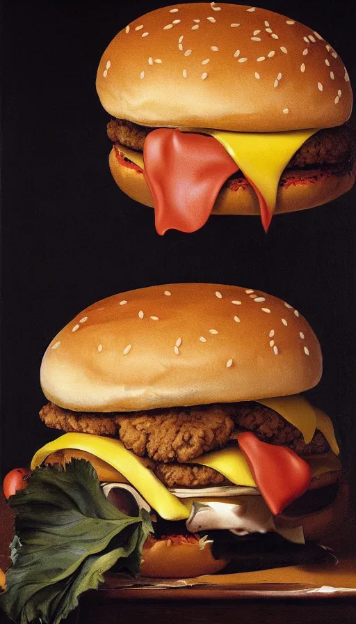 Image similar to hyperrealistic still life painting of a Trump holding a McDonalds burger, by Caravaggio, botanical print