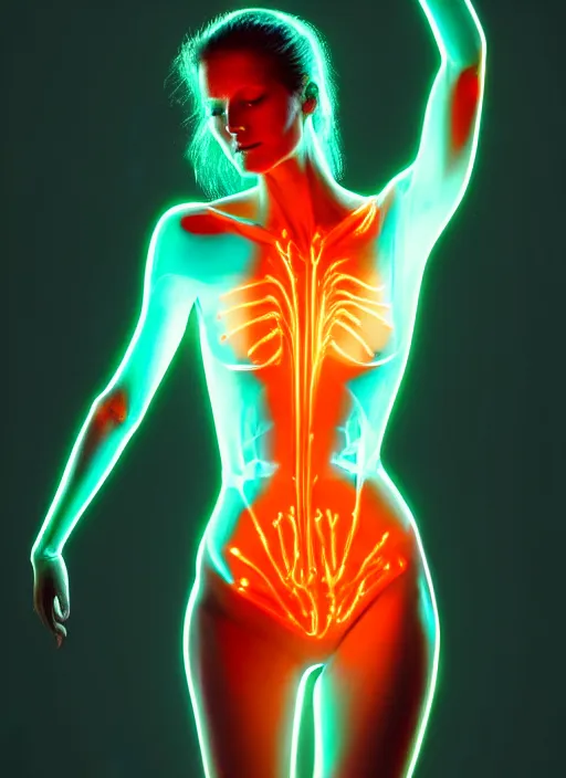 Prompt: female posing sensual figure x - ray, glowing veins under translucent skin, sigma 5 0 0 mm f / 5. bioluminescent, plasma, greg rutkowski, 8 k trending on artstation,