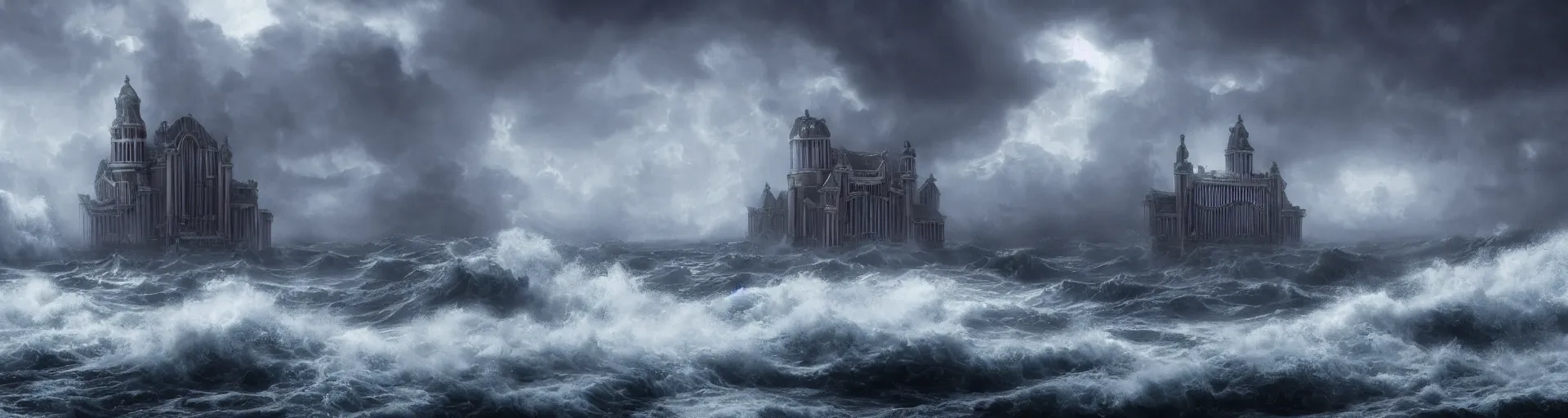 Image similar to A highly detailed matte painting of a huge pipe organ in a stormy sea in a storm, fog, rain, volumetric lighting, unreal engine 5 hd render, 8K resolution, trending on artstation