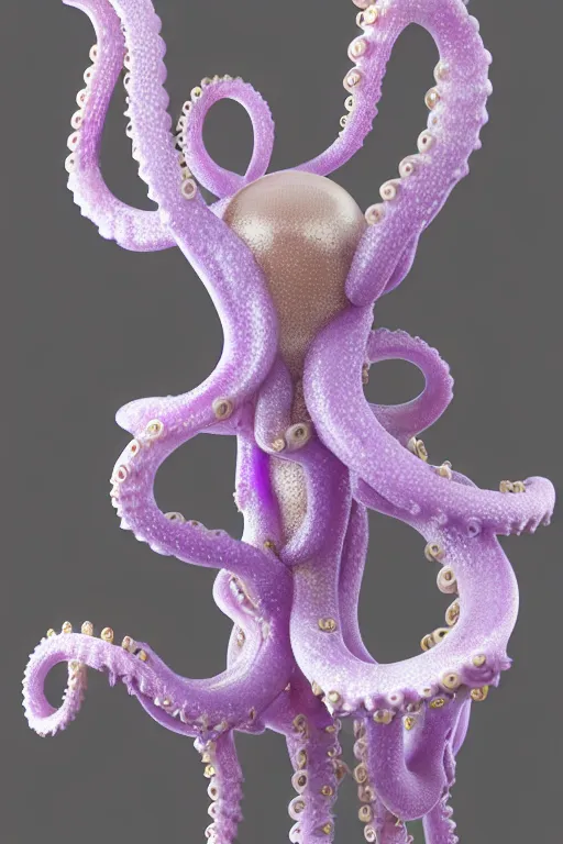 Prompt: 3 d sculpture white porcelain cobweb made of octopus tentacles and eyes, floating in purple space, gold details, very detailed, highly intricate, ornate, pearlescent, octane render, 8 k,