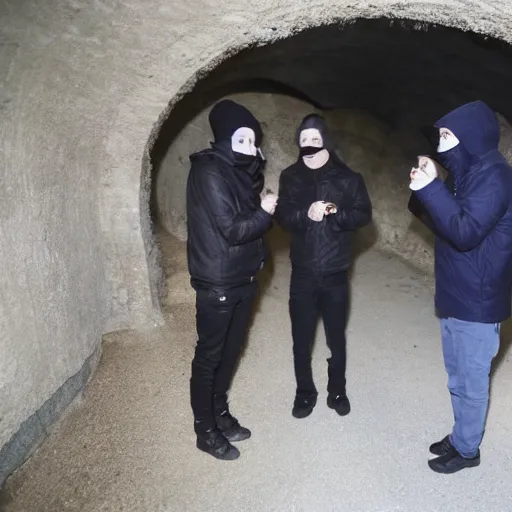 Prompt: chavs smoking and drinking in a dark tunnel both are wearing balaclavas
