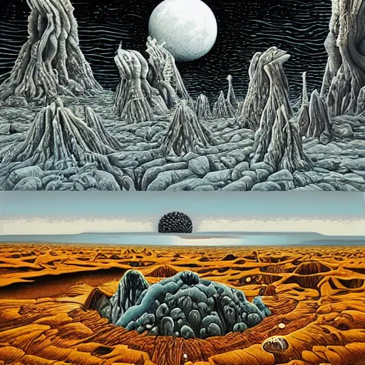 Prompt: alien planet landscape with bizarre buildings and Lifeforms. Jeffrey Smith, Stanley Donwood