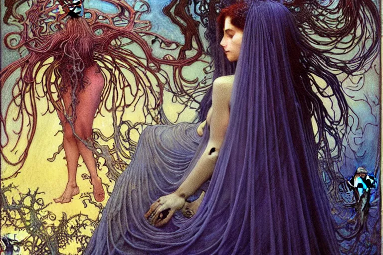 Prompt: realistic detailed portrait painting of a beautiful ghost woman with a male zombie, nightly graveyard landscape background by Jean Delville, Amano, Yves Tanguy, Alphonse Mucha, Ernst Haeckel, Edward Robert Hughes, Roger Dean, rich moody colours, blue eyes