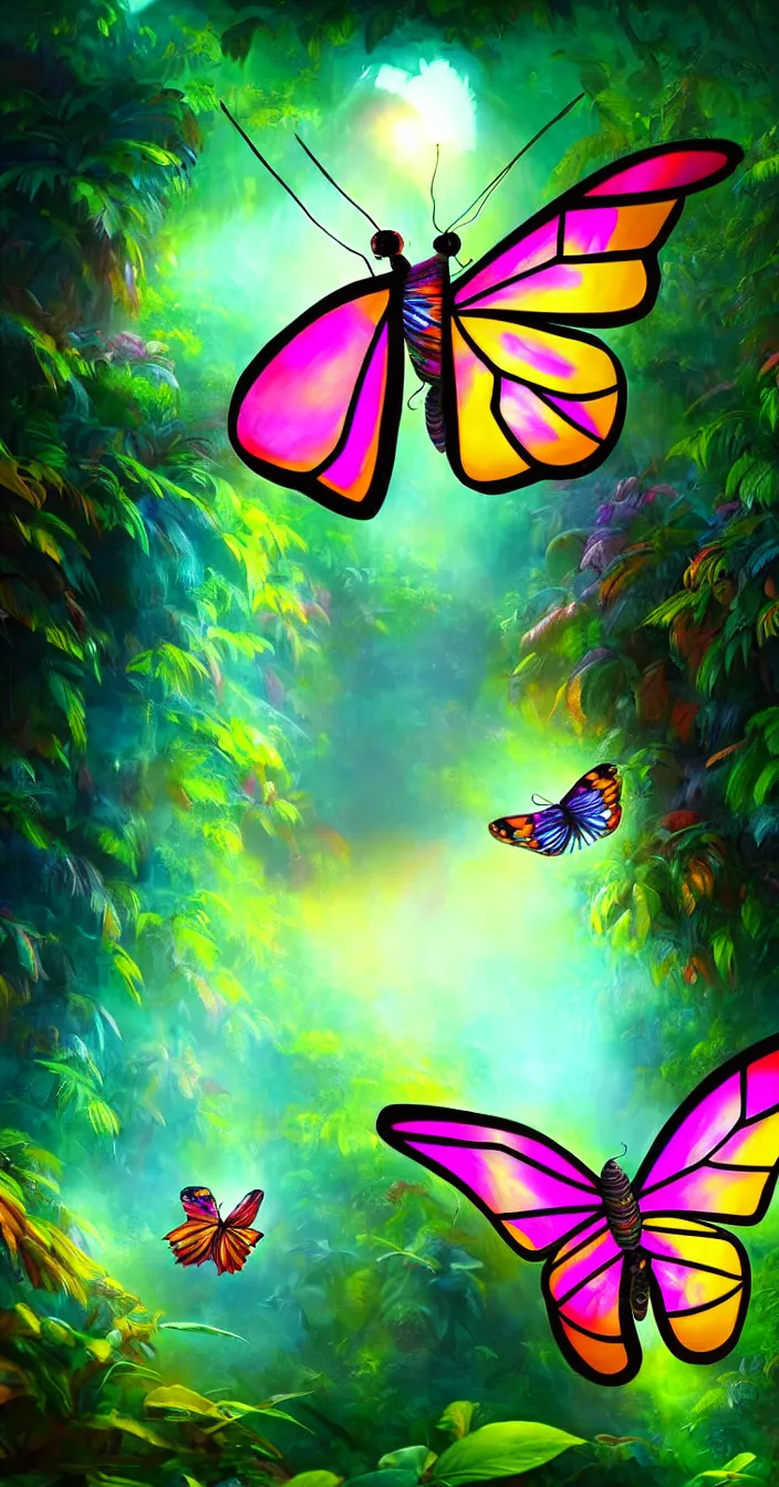 Prompt: realistic dreamy story of colorful glowing butterfly in the jungle, highly detailed, concept art, cinematic lightening, wide angle shot, in the style of greg rutwoski
