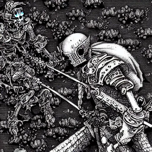 Prompt: The skeleton knight in battle with roses, monochrome pointilism, by Kentaro Miura, Berserk