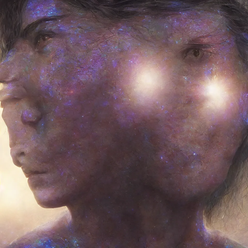 Image similar to extremely detailed cinematic movie still medium shot of enlightened iridiscent goddess hyperreal skin face by denis villeneuve, wayne barlowe, simon birch, marc simonetti, philippe druillet, beeple, alex grey bright volumetric sunlight, rich moody colors, bokeh