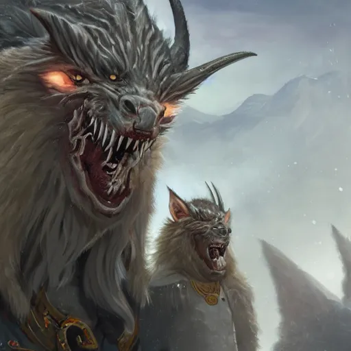 Image similar to winterthorn blessing, targ nar, demon-fang gnoll, garrison sergeant, cyclone sire, art by Etienne Delessert and Esao Andrews, high detail, cinematic, cgsociety 8k