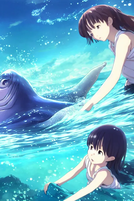 Image similar to a panorama view under the water, anime art full body portrait character concept art, hyper detailed cg rendering of a cute girl and whale, anime key visual of children of the sea, finely detailed perfect face, style of raphael lacoste, makoto shinkai, violet evergarden, studio ghibli, james jean, hayao miyazaki, extremely high quality artwork