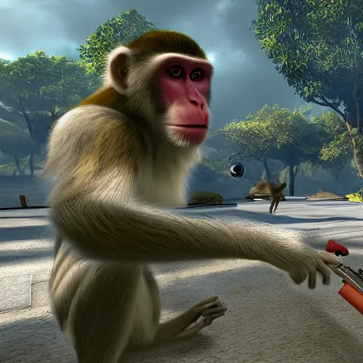 Prompt: macaque shoots at aliens, dynamic scene, unreal engine 2 graphics