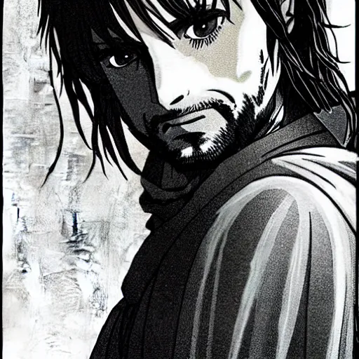 Image similar to aragorn from the anime lord of the rings (1986), looking serious, some beard, studio ghibli, very detailed, realistic