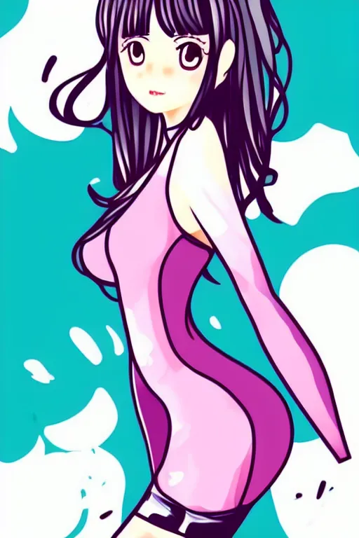 Image similar to full length illustration of very beautifully female looking like cute anime with amazing body figure, wearing tight dress, highly detailed face, pop art,