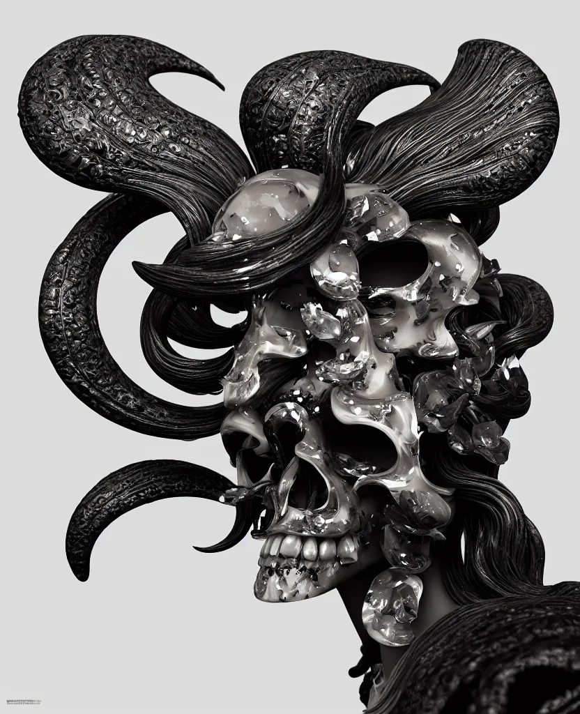 Prompt: goddess princess face close-up portrait ram skull. sculpture made of polished gold and matte black stone and glass. jellyfish phoenix head, nautilus, orchid, skull, betta fish, bioluminiscent creatures, intricate artwork by Tooth Wu and wlop and beeple. octane render, trending on artstation, greg rutkowski very coherent symmetrical artwork. cinematic, hyper realism, high detail, octane render, 8k