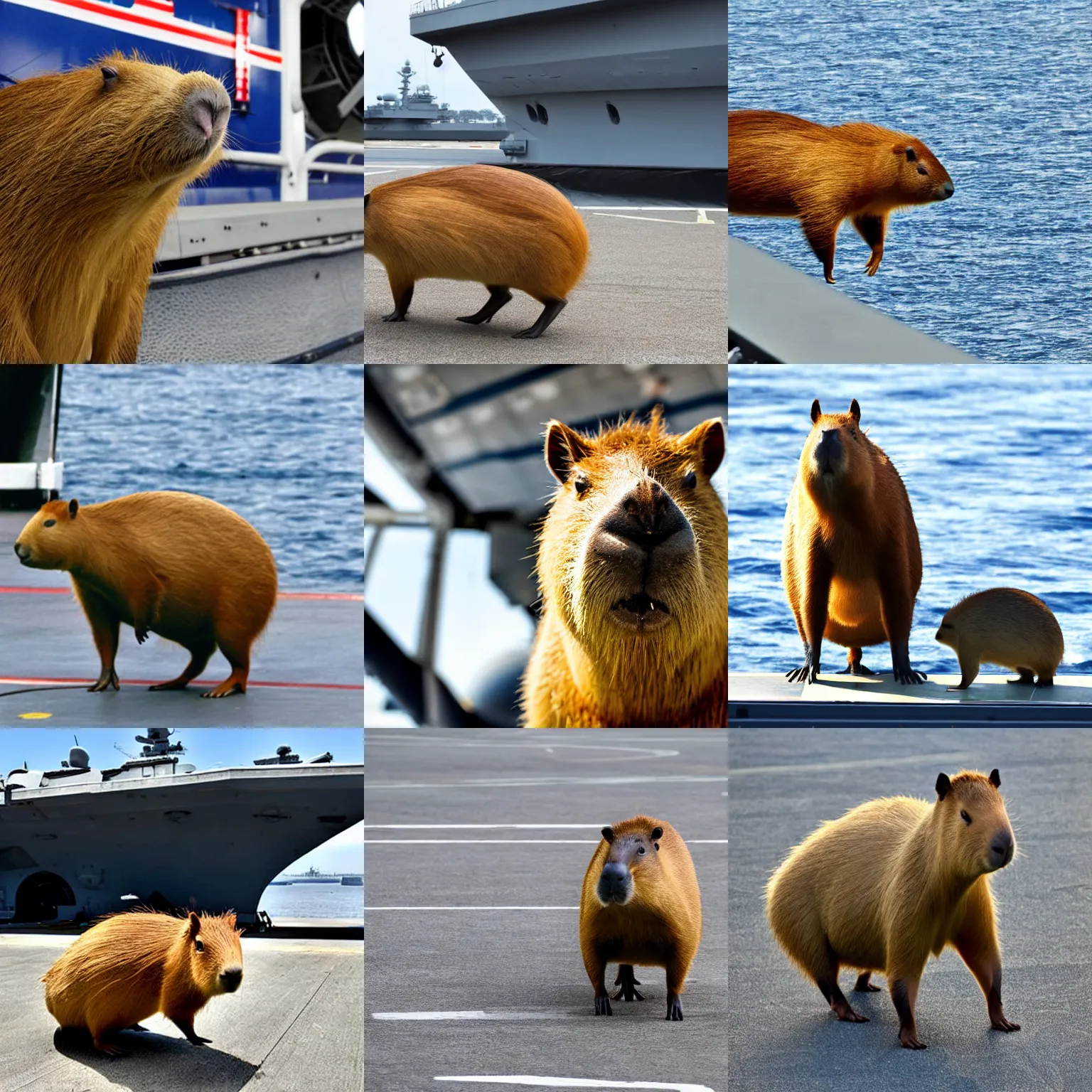Prompt: A capybara on the flight deck of an aircraft carrier