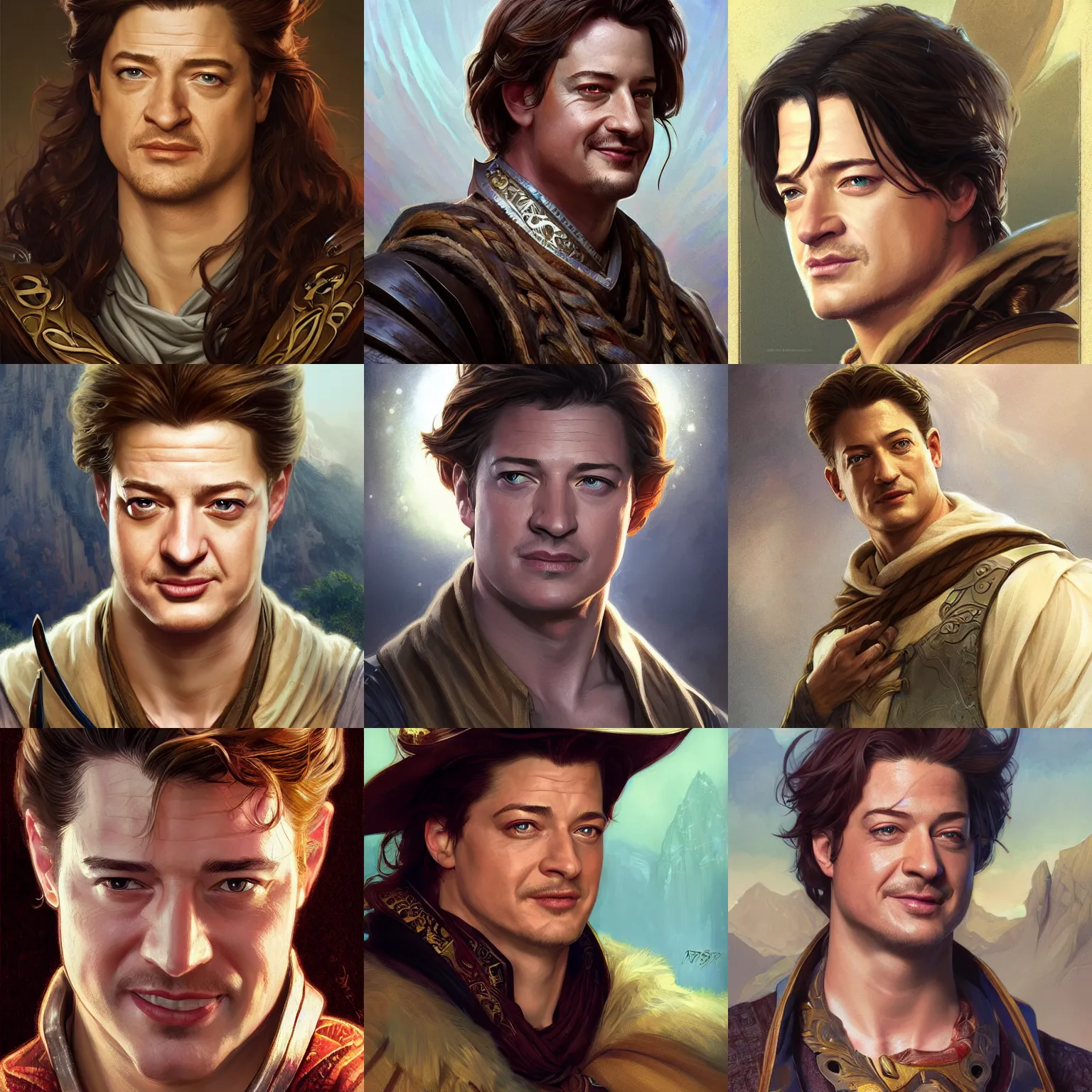 Prompt: smirking male bard, brendan fraser, portrait, headshot, D&D, fantasy, highly detailed, digital painting, artstation, concept art, sharp focus, illustration, art by artgerm and greg rutkowski and alphonse mucha