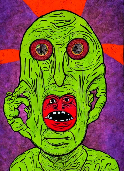 Image similar to a crazy alien art horror portrait, which has weird stretched out eyes and a misshapen mouth, green skin and orange background, art brut by a psycho man, full color crazy outsider outsider art