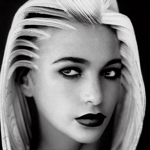 Prompt: black and white vogue closeup portrait by herb ritts of a beautiful female model, princess, high contrast