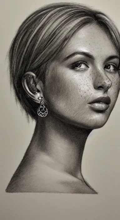 Image similar to highly detailed realistic pencil sketch portrait of a beautiful woman with short hair and bangs and freckles and nose piercing and earrings