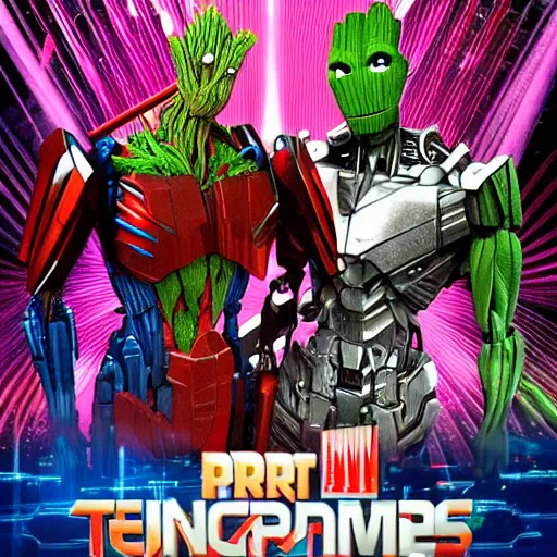 Image similar to groot and optimus prime in techno party among people dancing, wide shoot, after effect ultra realistic 3 d