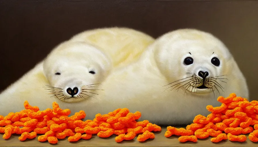 Prompt: highly detailed painting of cute furry white baby seals cuddling up in a big pile of wotsits and cheetos by william turner, thick brush strokes and visible paint layers, 4 k resolution