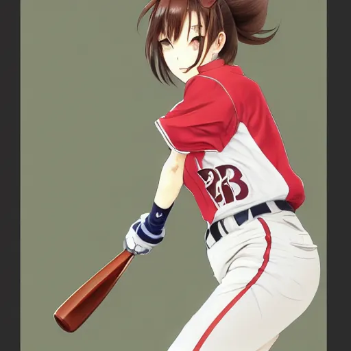 Image similar to anime style, female baseball player, red sport clothing, elegant, launching a straight ball, brown short hair, hair down, symmetrical facial features, from arknights, hyper realistic, rule of thirds, extreme detail, 4 k drawing, safebooru, realistic lighting, by alphonse mucha, greg rutkowski, sharp focus, backlit