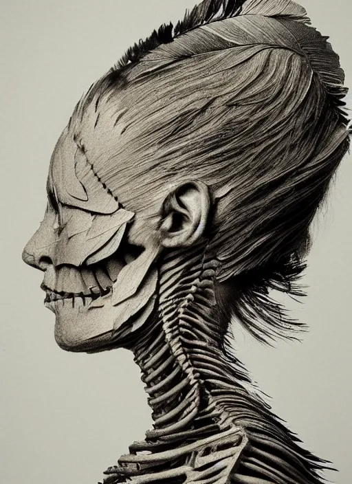 Prompt: a womans face in profile made of feathers skeleton in the style of the dutch masters and gregory crewdson dark and moody