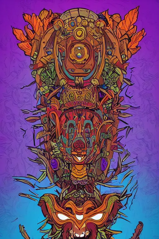 Image similar to animal mask totem roots flower tribal feather gemstone plant wood rock shaman vodoo video game vector cutout illustration vivid multicolor borderlands comics by josan gonzales and dan mumford radiating a glowing aura