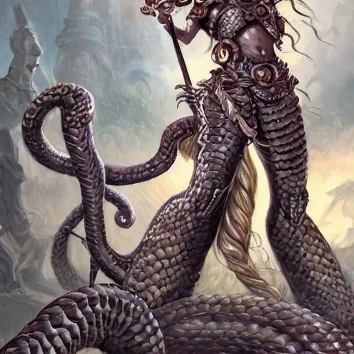 Image similar to torquoise armored medusa holding a spear, snake hair, snake hair, snake hair, medusa, medusa!, pillars background with ruined and statues, fantasy game art, fantasy rpg, league of legends