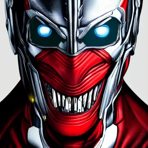 Image similar to face of an armored villian, ultron, sauron, evil dark, mask, joker smile