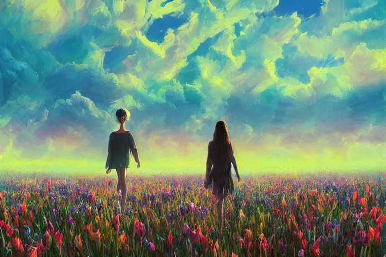 Image similar to giant gladiola head, girl walking in field of flowers, surreal photography, sunrise, blue sky, dramatic light, impressionist painting, digital painting, artstation, simon stalenhag