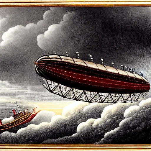 Prompt: victorian airship flying into a violent thunderstorm, red gold gray, rich, highly detailed, realistic, illustration