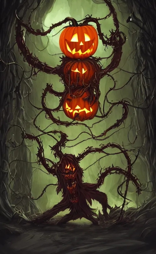 Image similar to fantasy monster concept art, a jack o lantern monster with vines for a body walking down a street of nightmares, dynamic lighting, photorealistic, trending on art station, stunning visuals, creative, cinematic, ultra detailed, atmospherical, ambient lighting, scary art, eery art