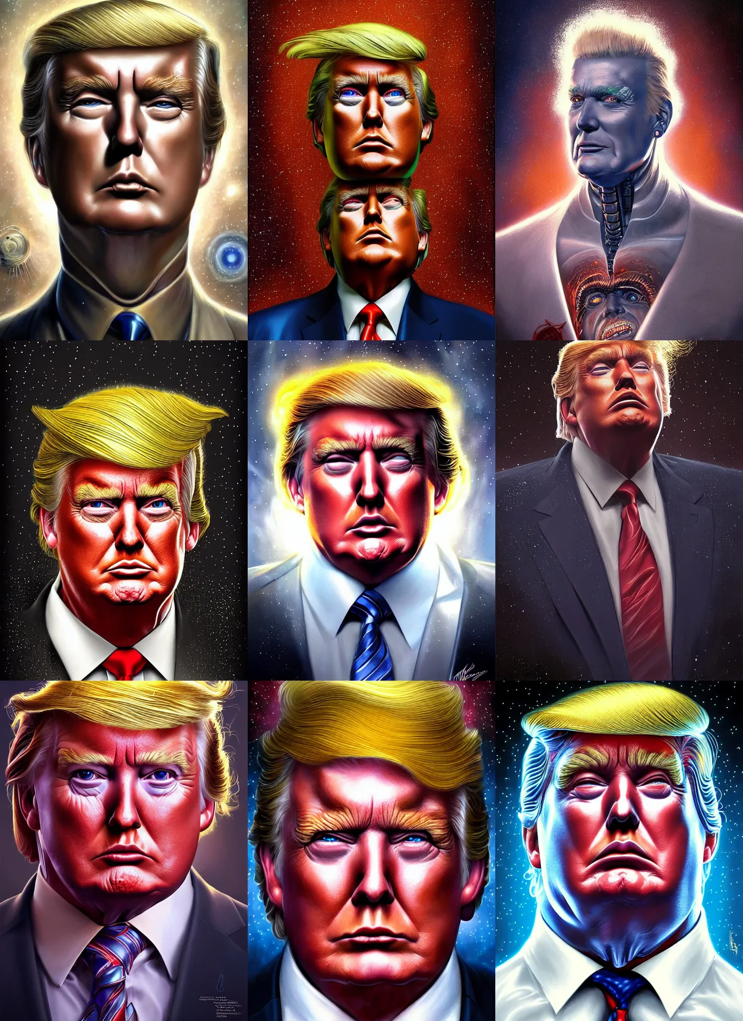 Prompt: portrait of a robot!!!! that looks exactly like donald trump, cosmic horror painting, elegant intricate digital painting artstation concept art by mark brooks and brad kunkle detailed