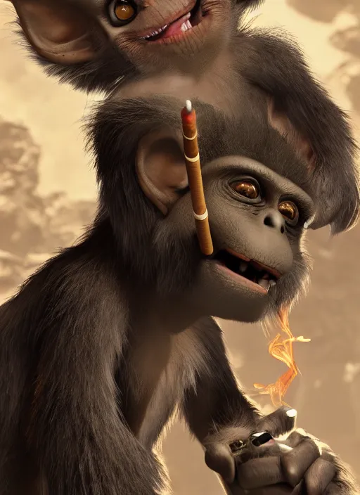 Image similar to pathfinder 2 e illustration of furry monkey goblin smoking a cigar, unreal engine, hyper realism, realistic shading, cinematic composition, realistic render, octane render, detailed textures, photorealistic, wide shot